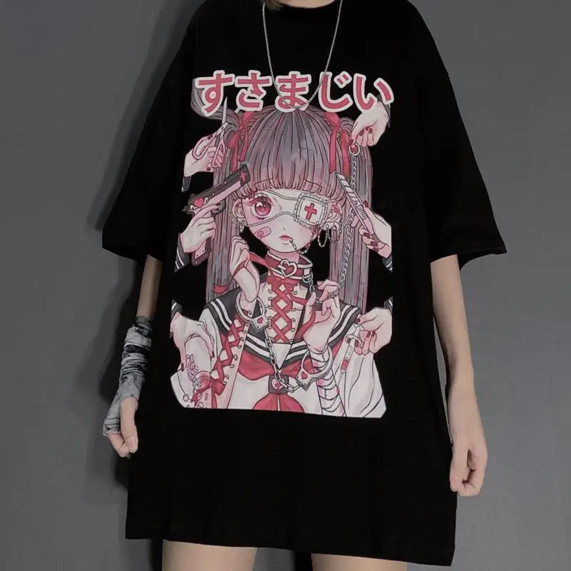Korean Style Harajuku T-Shirt Dark Blue Anime Print 2023 - Image 4