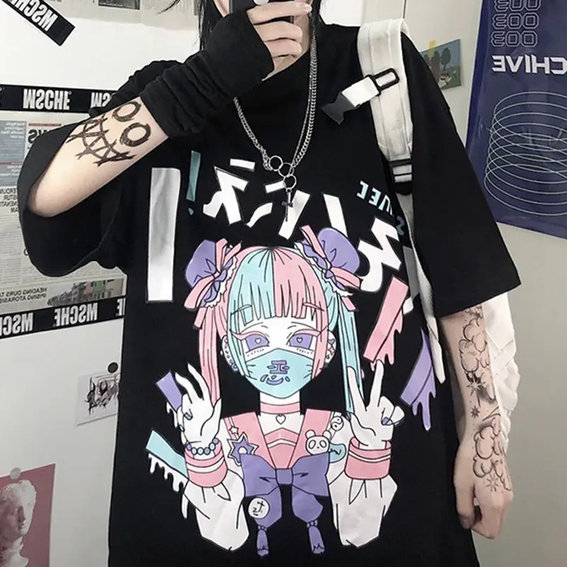 Korean Style Harajuku T-Shirt Dark Blue Anime Print 2023 - Image 7
