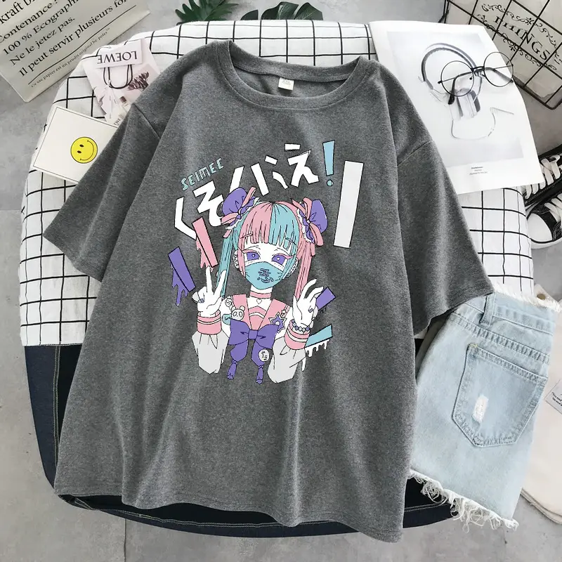 Korean Style Harajuku T-Shirt Dark Blue Anime Print 2023 - Image 9