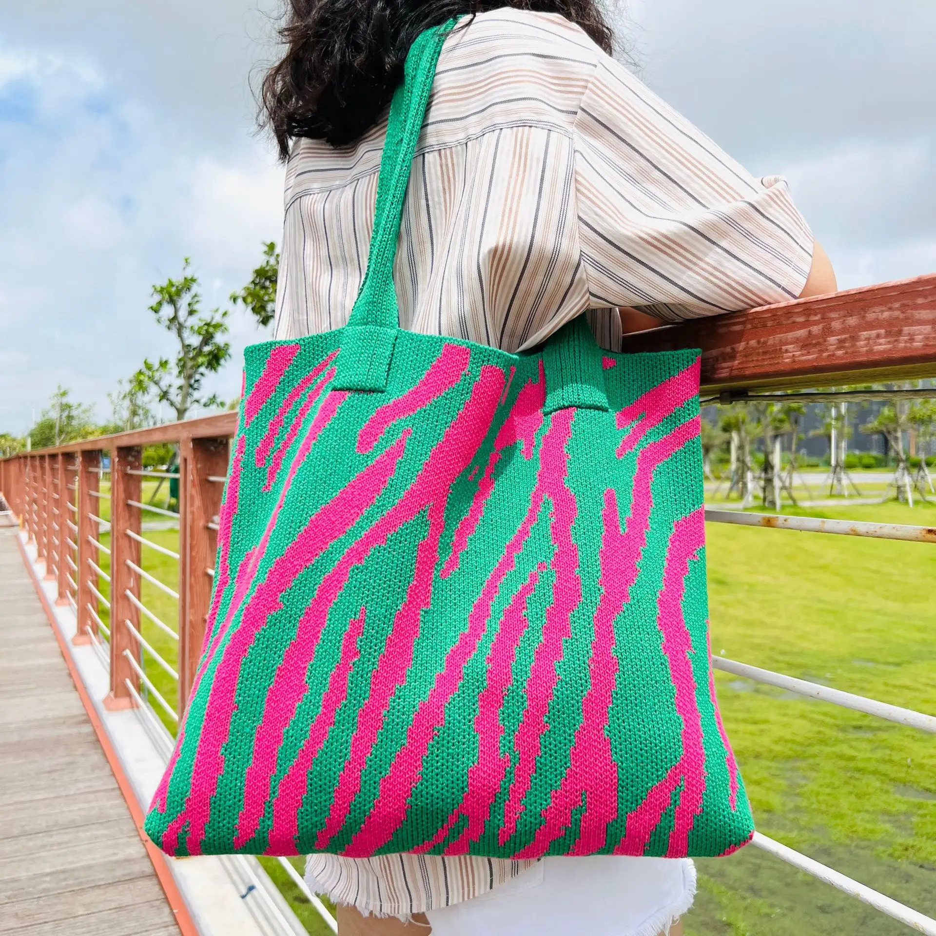 Green Pink Zebra Print Knitted Tote Bag Large Capacity