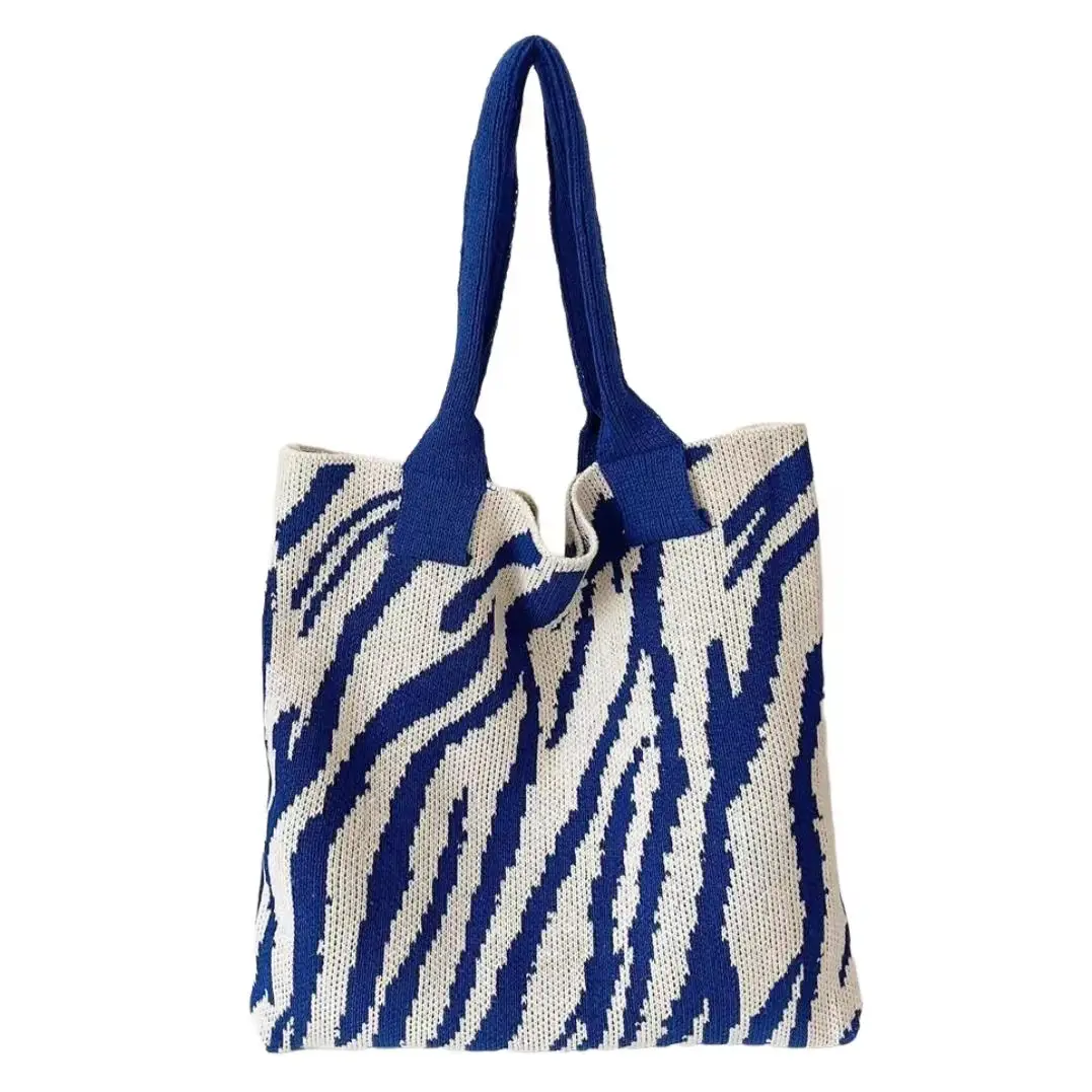 Green Pink Zebra Print Knitted Tote Bag Large Capacity