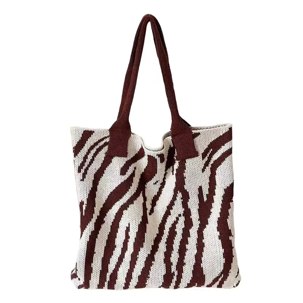 Green Pink Zebra Print Knitted Tote Bag Large Capacity