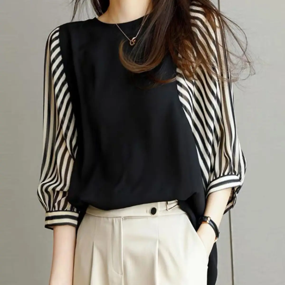 Women Japanese Korean Shirts Black Loose Round Neck 3 Sizes