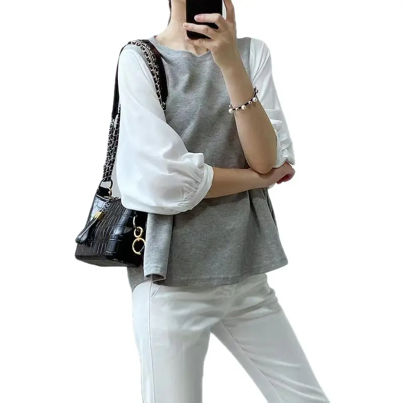 Women Japanese Korean Shirts Black Loose Round Neck 3 Sizes