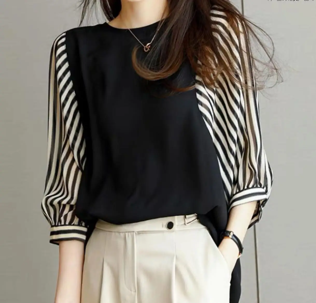 Women Japanese Korean Shirts Black Loose Round Neck 3 Sizes