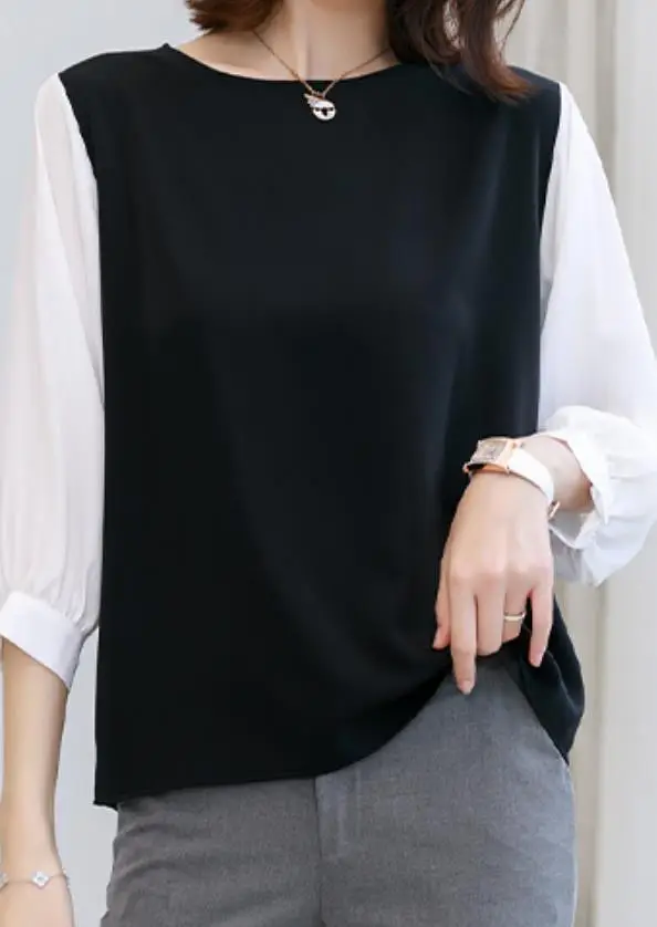 Women Japanese Korean Shirts Black Loose Round Neck 3 Sizes