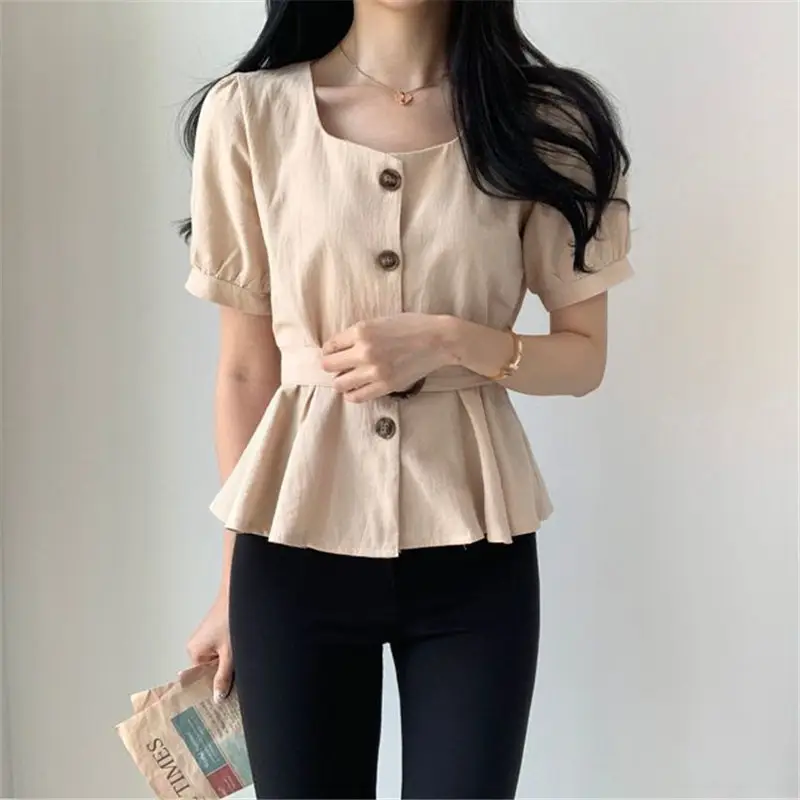 Women's White Button Front Peplum Shirt with Belt