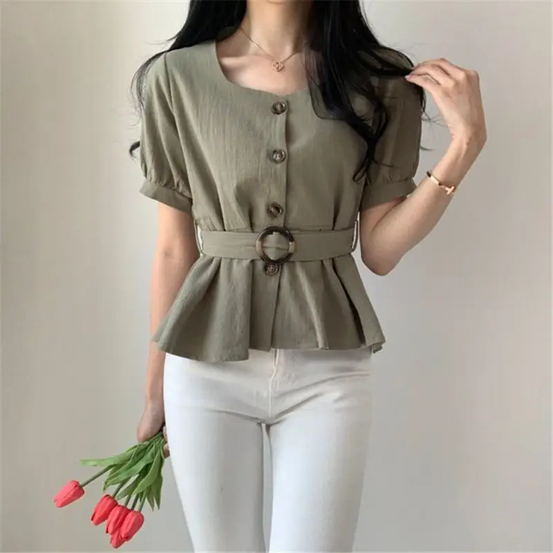Women's White Button Front Peplum Shirt with Belt