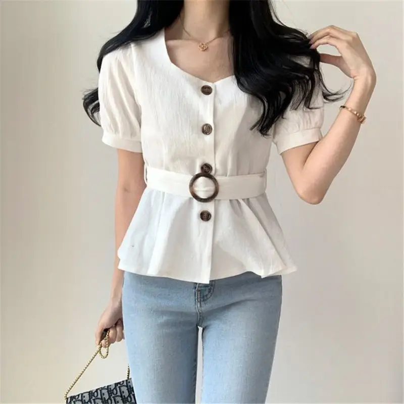 Women's White Button Front Peplum Shirt with Belt