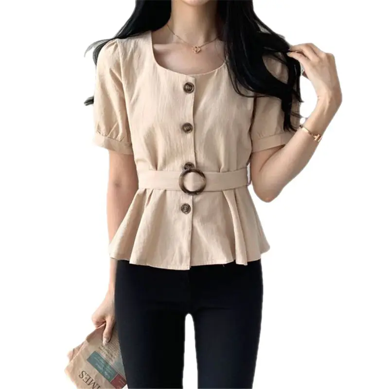 Women's White Button Front Peplum Shirt with Belt