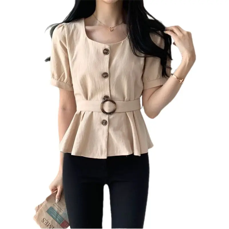 Women's White Button Front Peplum Shirt with Belt