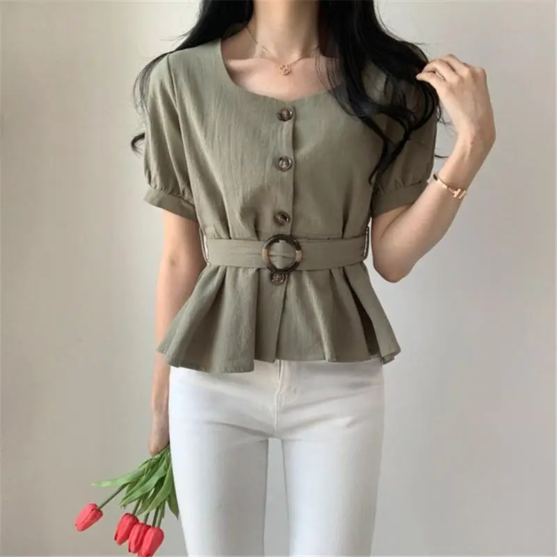 Women's White Button Front Peplum Shirt with Belt — feature 10