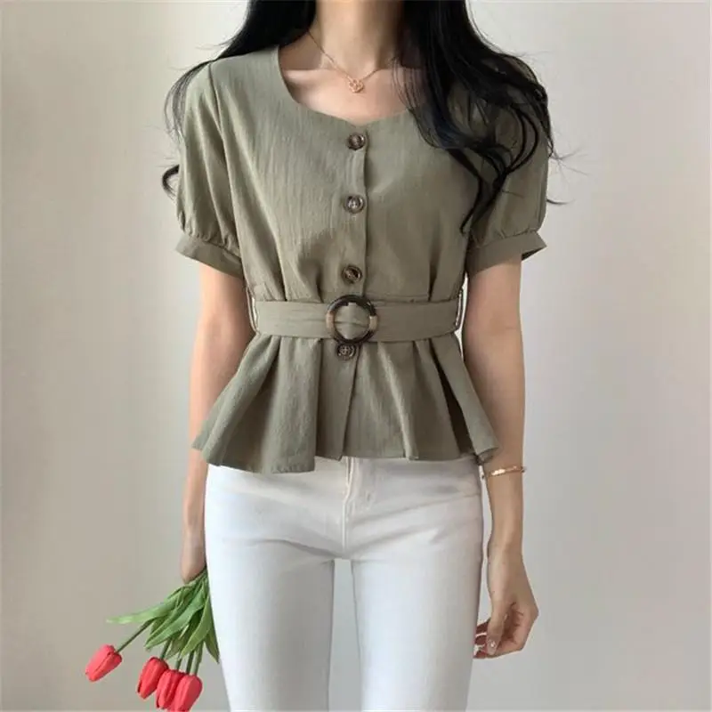 Women's White Button Front Peplum Shirt with Belt — feature 11