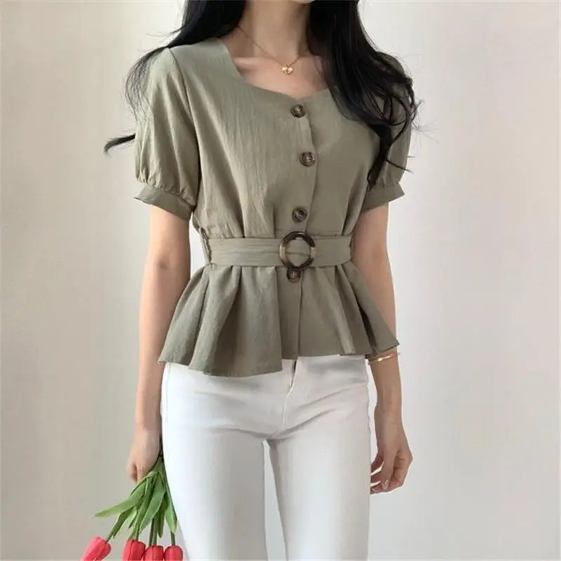 Women's White Button Front Peplum Shirt with Belt — feature 12