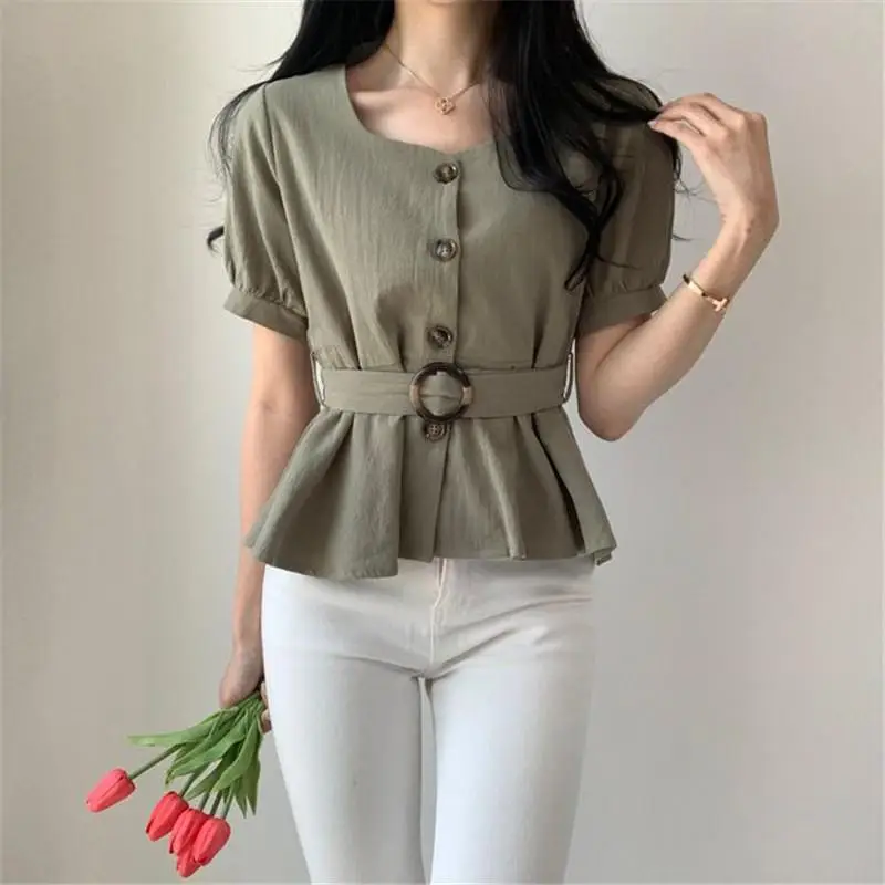 Women's White Button Front Peplum Shirt with Belt — feature 13