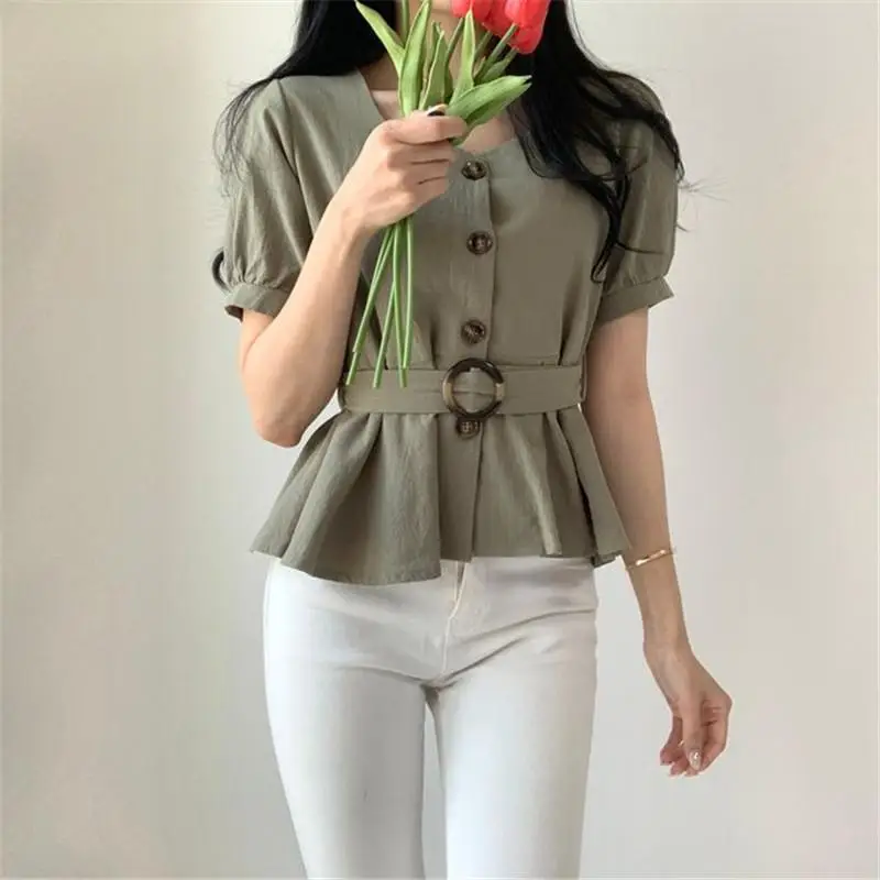 Women's White Button Front Peplum Shirt with Belt — feature 14