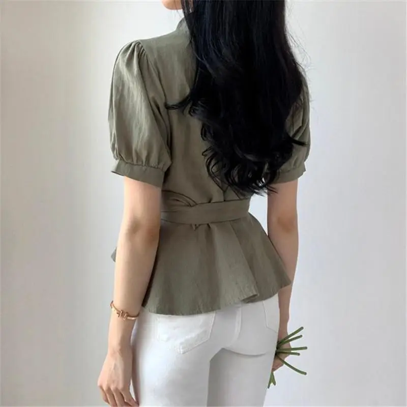 Women's White Button Front Peplum Shirt with Belt — feature 15