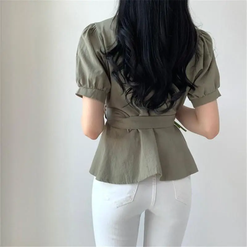 Women's White Button Front Peplum Shirt with Belt — feature 16