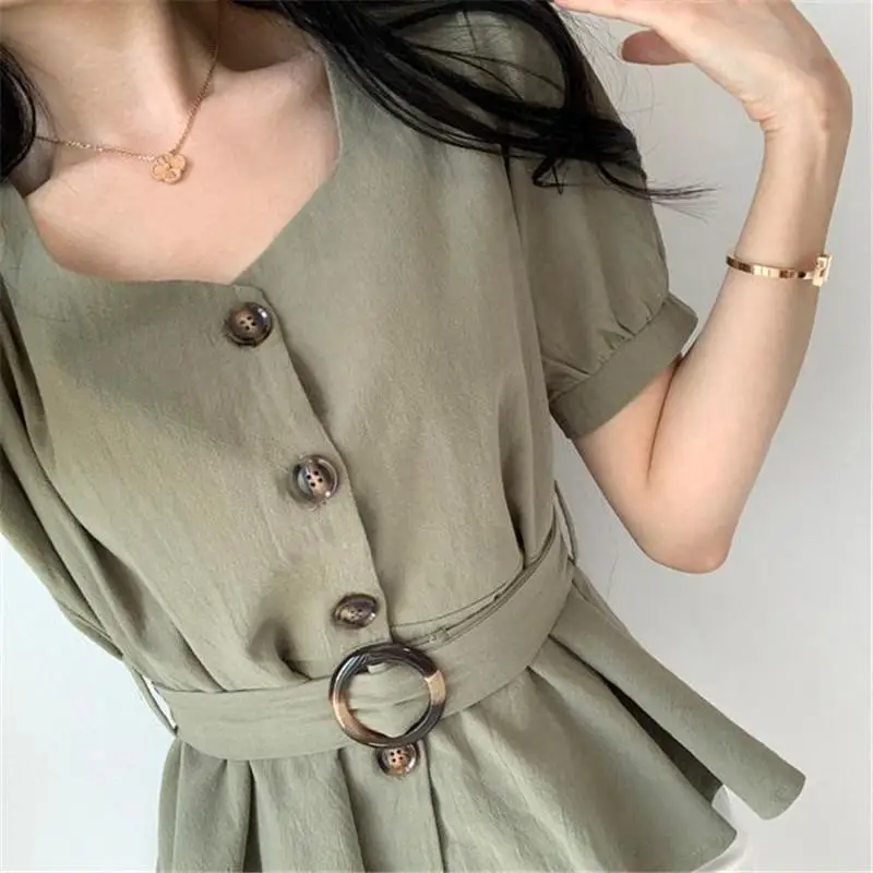 Women's White Button Front Peplum Shirt with Belt — feature 17