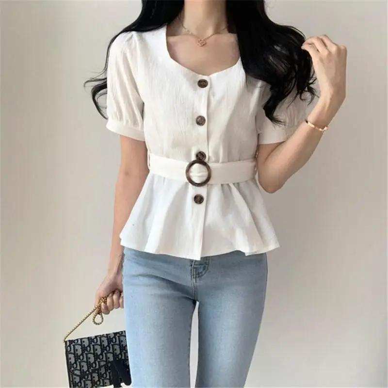 Women's White Button Front Peplum Shirt with Belt — feature 3