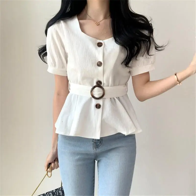 Women's White Button Front Peplum Shirt with Belt — feature 4