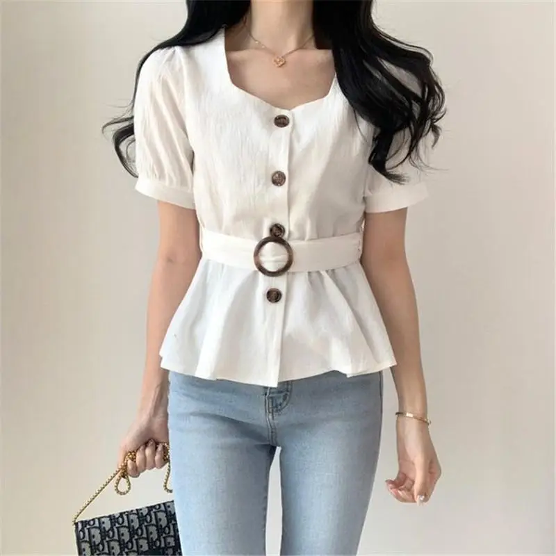 Women's White Button Front Peplum Shirt with Belt — feature 5