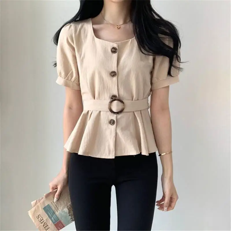 Women's White Button Front Peplum Shirt with Belt — feature 6