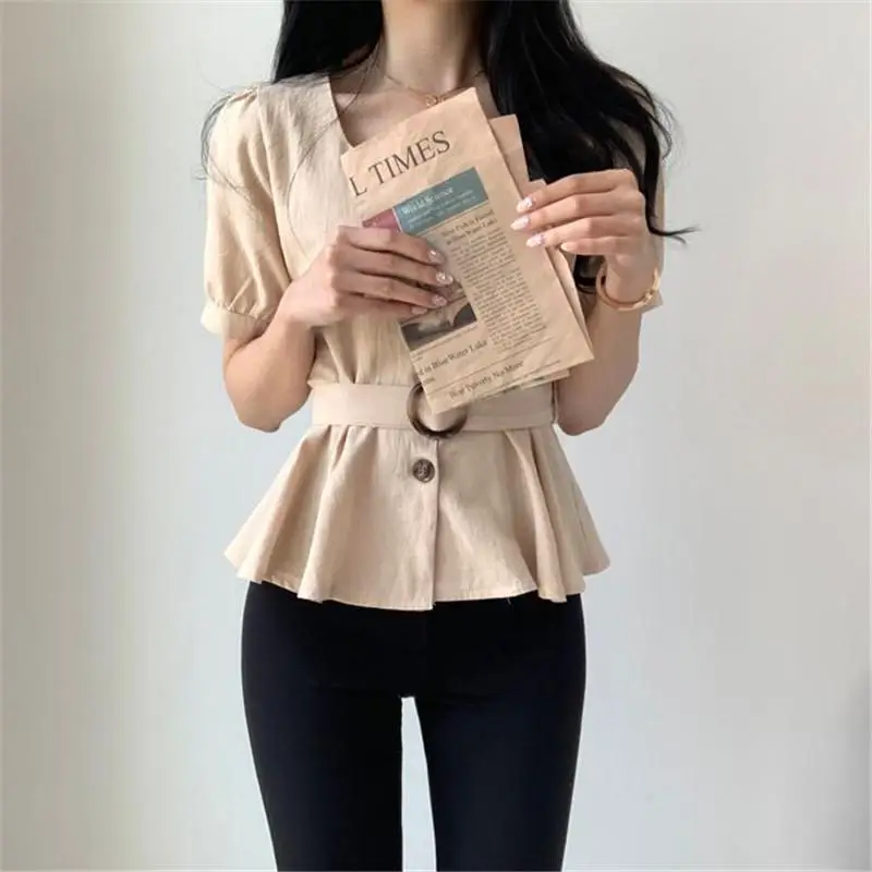 Women's White Button Front Peplum Shirt with Belt — feature 8