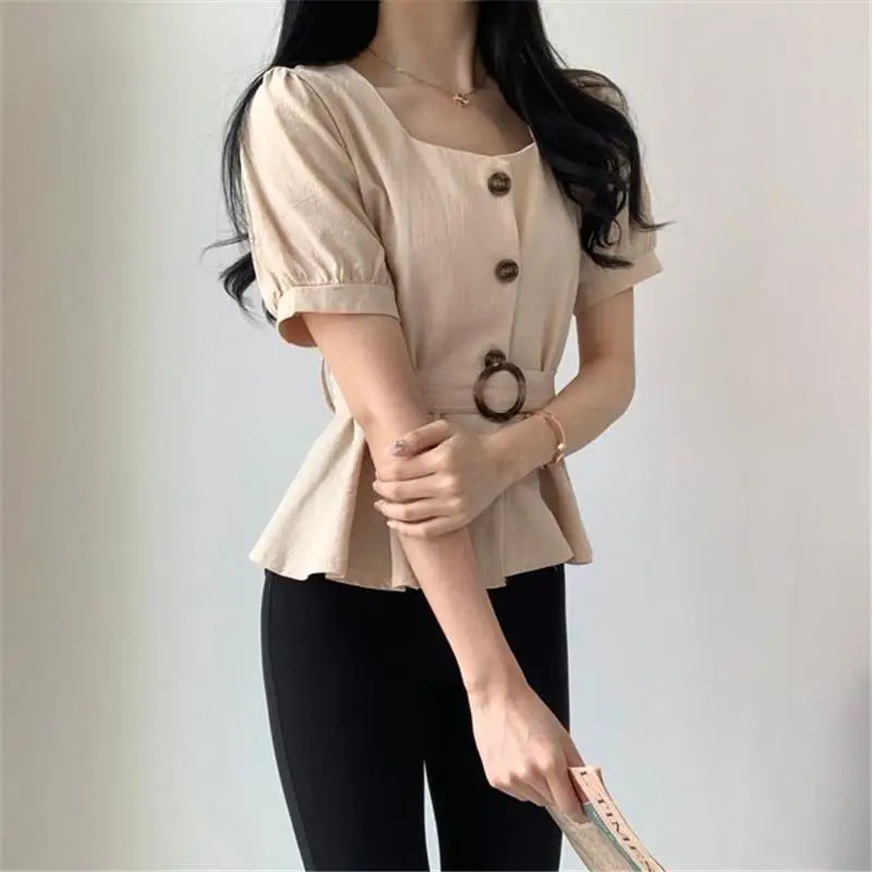 Women's White Button Front Peplum Shirt with Belt — feature 9