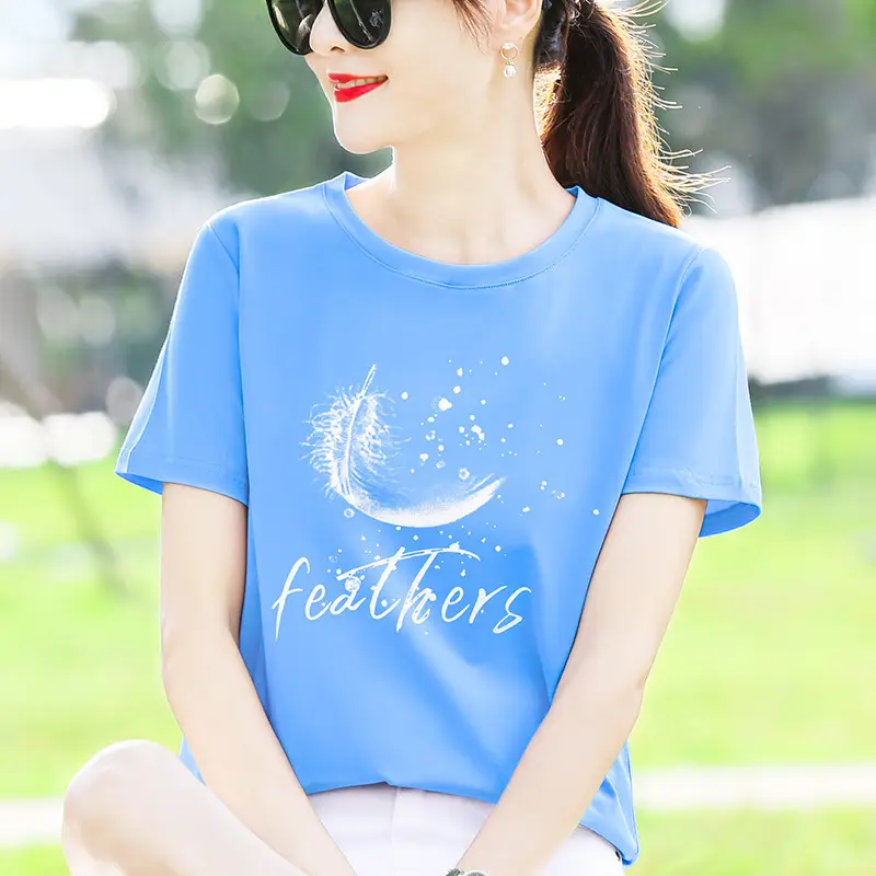 Women Cotton Printed T-Shirt White Summer Loose Fit - Image 14