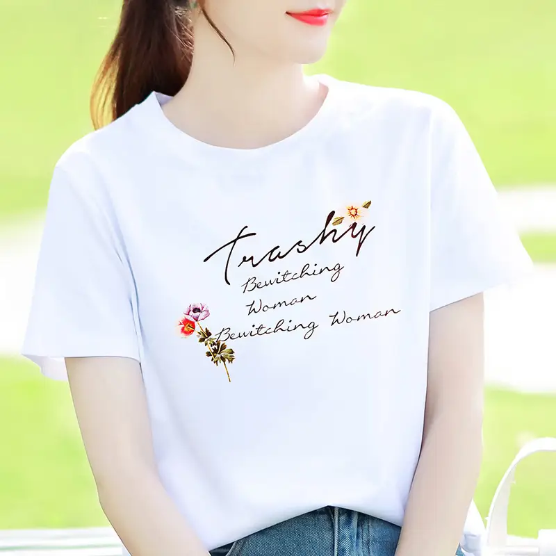 Women Cotton Printed T-Shirt White Summer Loose Fit - Image 15