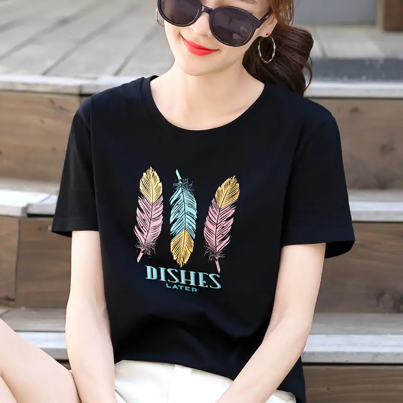 Women Cotton Printed T-Shirt White Summer Loose Fit - Image 11