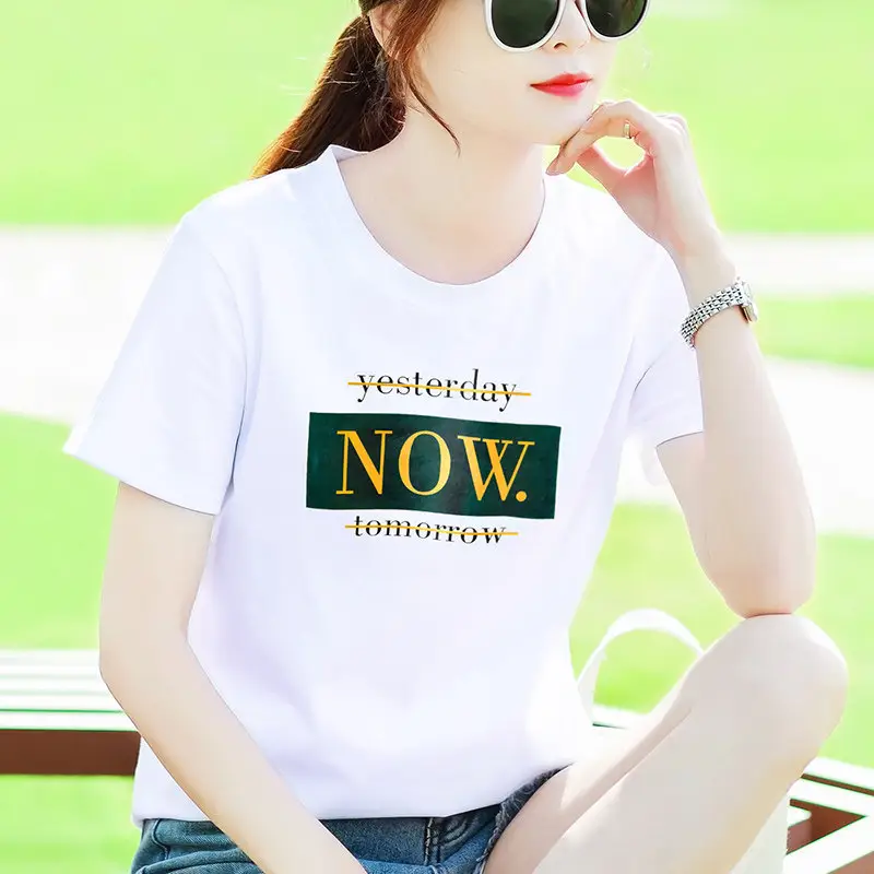 Women Cotton Printed T-Shirt White Summer Loose Fit - Image 12
