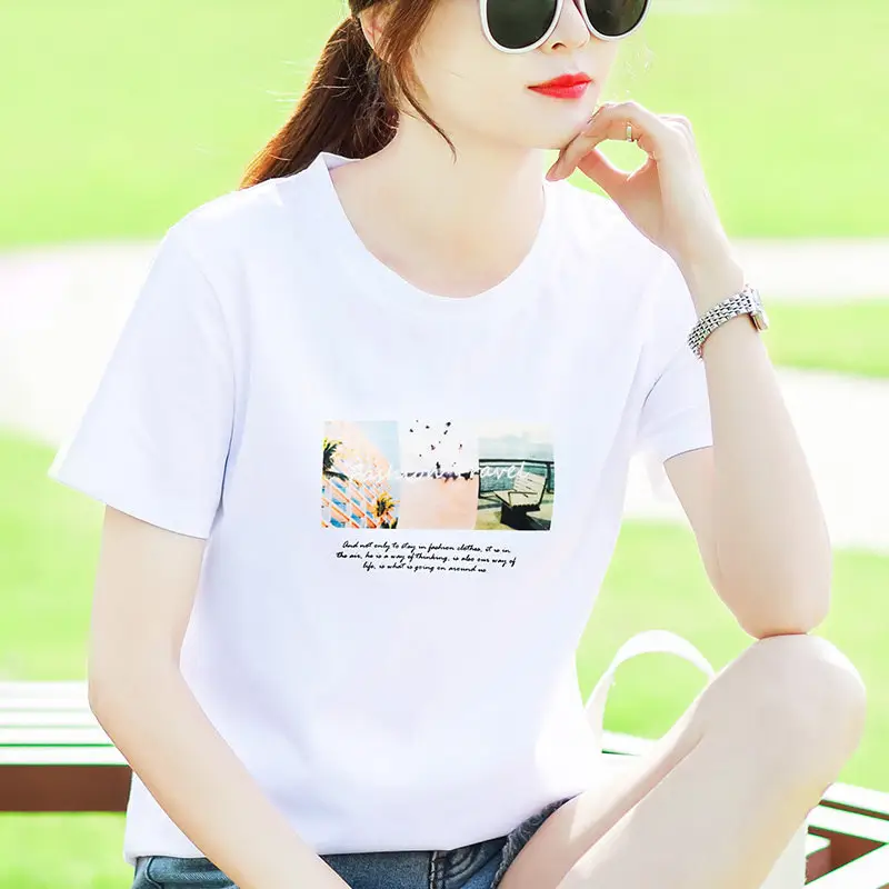 Women Cotton Printed T-Shirt White Summer Loose Fit - Image 13