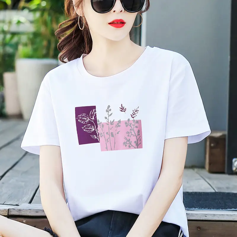 Women Cotton Printed T-Shirt White Summer Loose Fit - Image 3