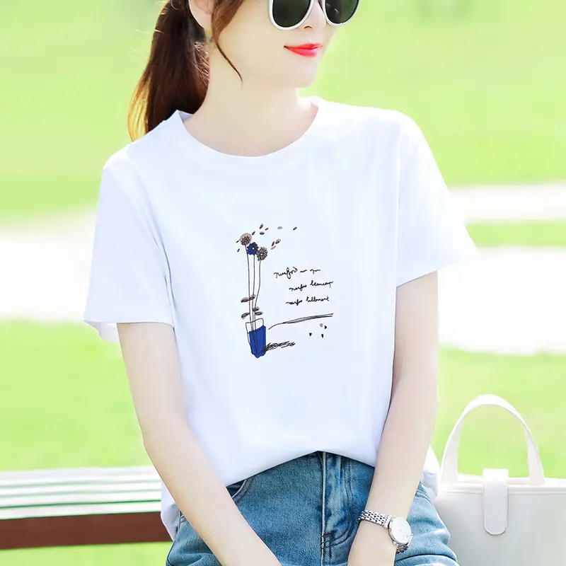 Women Cotton Printed T-Shirt White Summer Loose Fit - Image 9