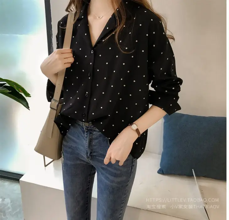 2026 Women's Black Polka Dot Long Sleeve Shirt - Image 2