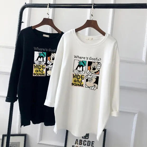 Pregnant Women Long Sleeve T-Shirt White Black Loose Korean Style - Image 22