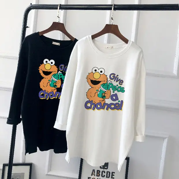Pregnant Women Long Sleeve T-Shirt White Black Loose Korean Style - Image 4