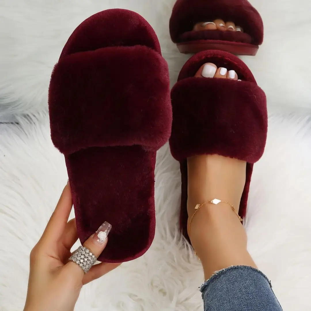Foreign Trade Furry Slippers for Women Autumn and Winter New Indoor Lazy One-Word Plush Slippers Flats Cotton Slippers Home Wholesale
