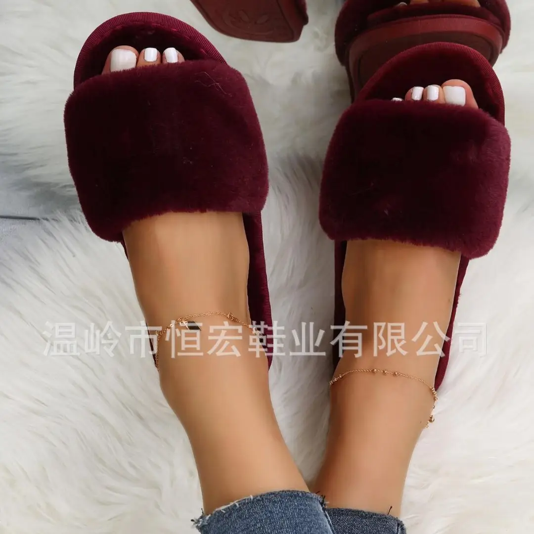 Foreign Trade Furry Slippers for Women Autumn and Winter New Indoor Lazy One-Word Plush Slippers Flats Cotton Slippers Home Wholesale
