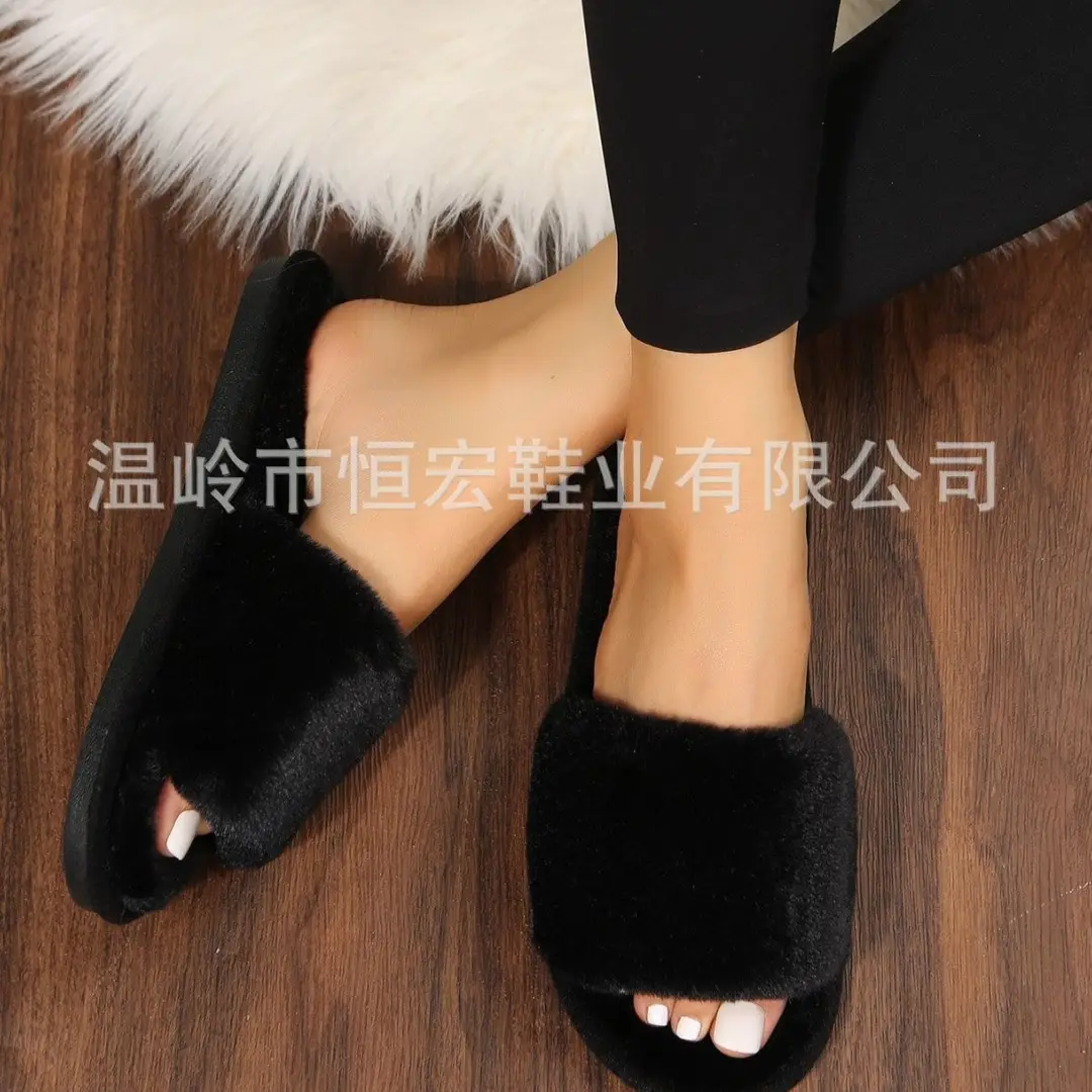 Foreign Trade Furry Slippers for Women Autumn and Winter New Indoor Lazy One-Word Plush Slippers Flats Cotton Slippers Home Wholesale