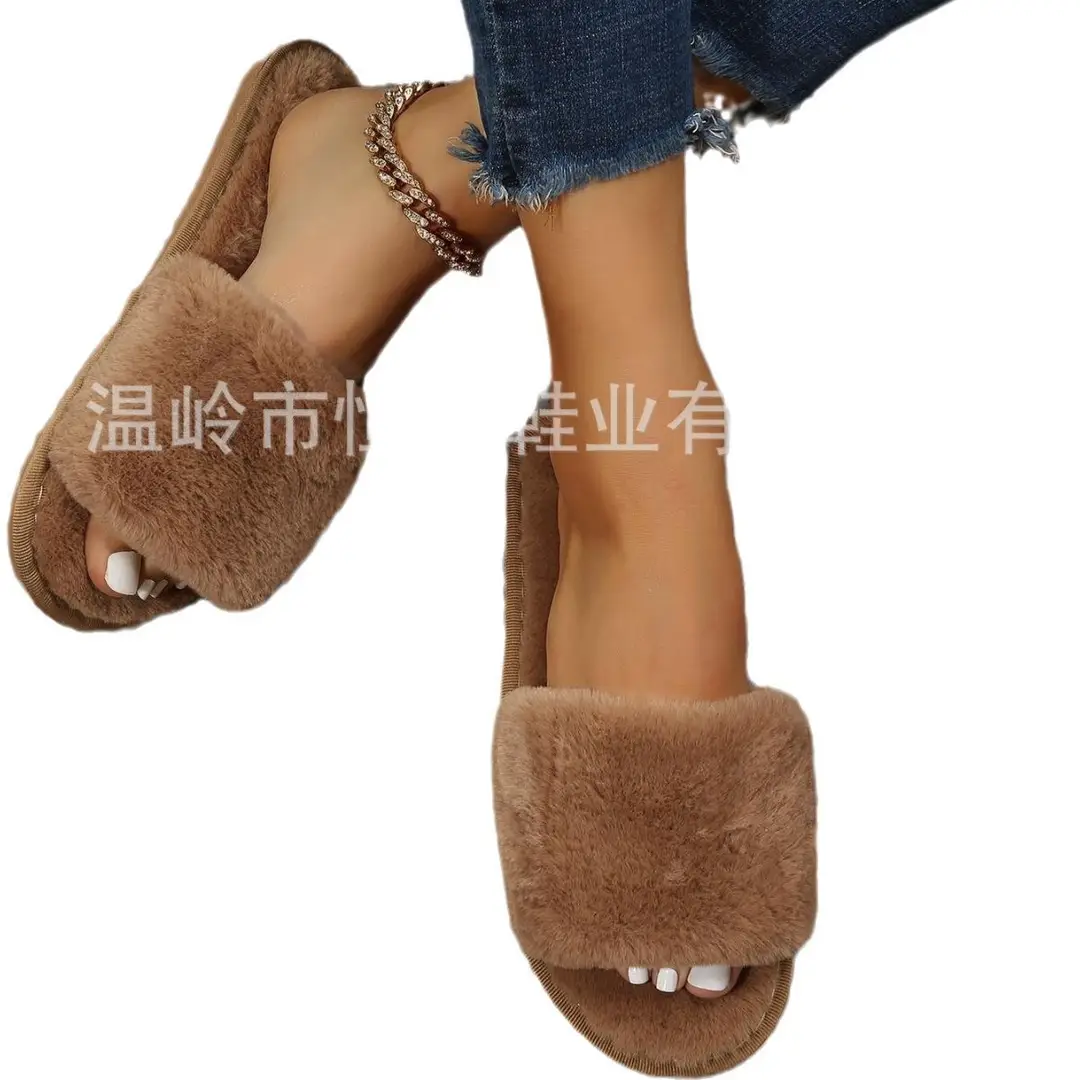 Foreign Trade Furry Slippers for Women Autumn and Winter New Indoor Lazy One-Word Plush Slippers Flats Cotton Slippers Home Wholesale