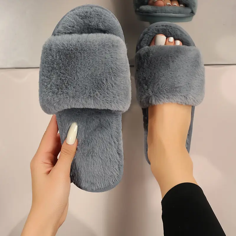 Foreign Trade Furry Slippers for Women Autumn and Winter New Indoor Lazy One-Word Plush Slippers Flats Cotton Slippers Home Wholesale — feature 22