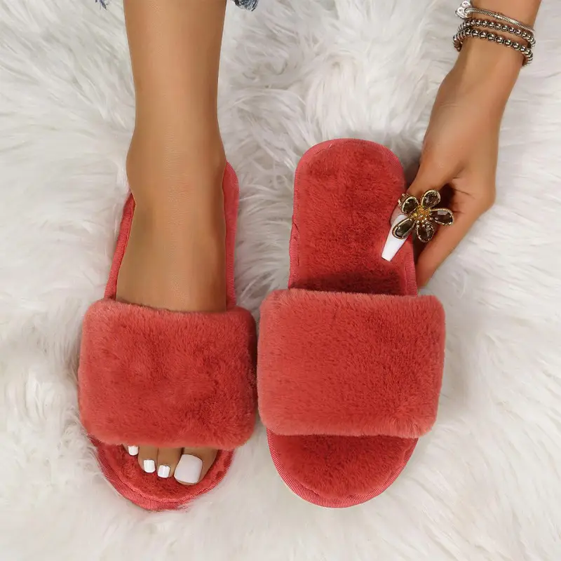 Foreign Trade Furry Slippers for Women Autumn and Winter New Indoor Lazy One-Word Plush Slippers Flats Cotton Slippers Home Wholesale — feature 26