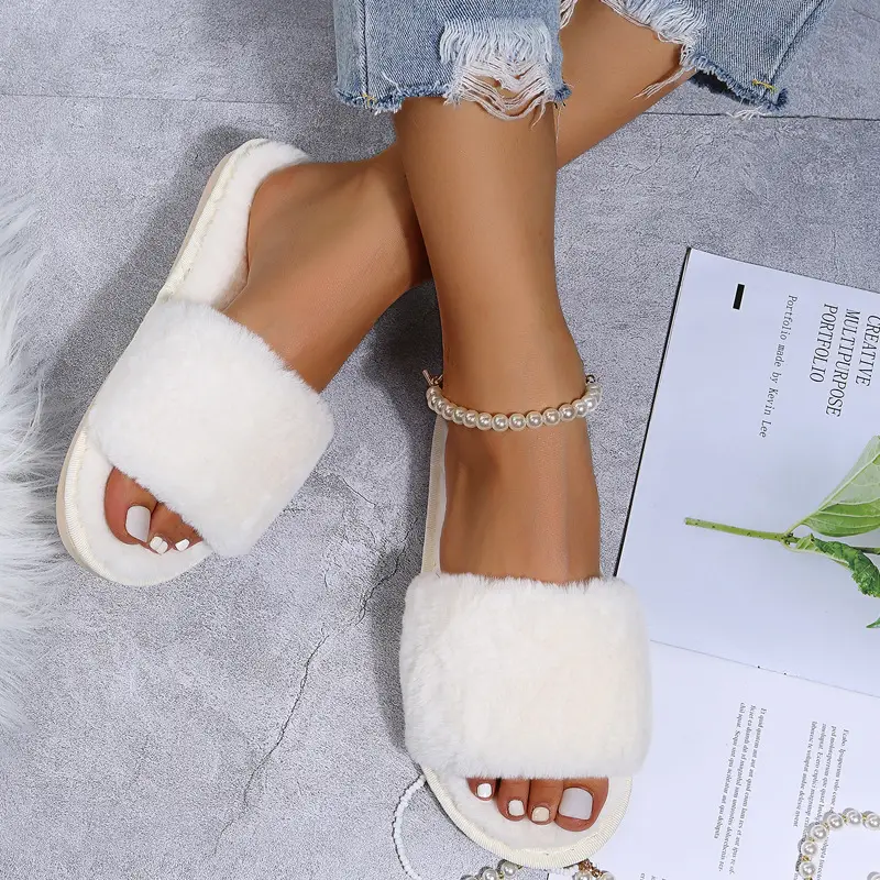 Foreign Trade Furry Slippers for Women Autumn and Winter New Indoor Lazy One-Word Plush Slippers Flats Cotton Slippers Home Wholesale — feature 3