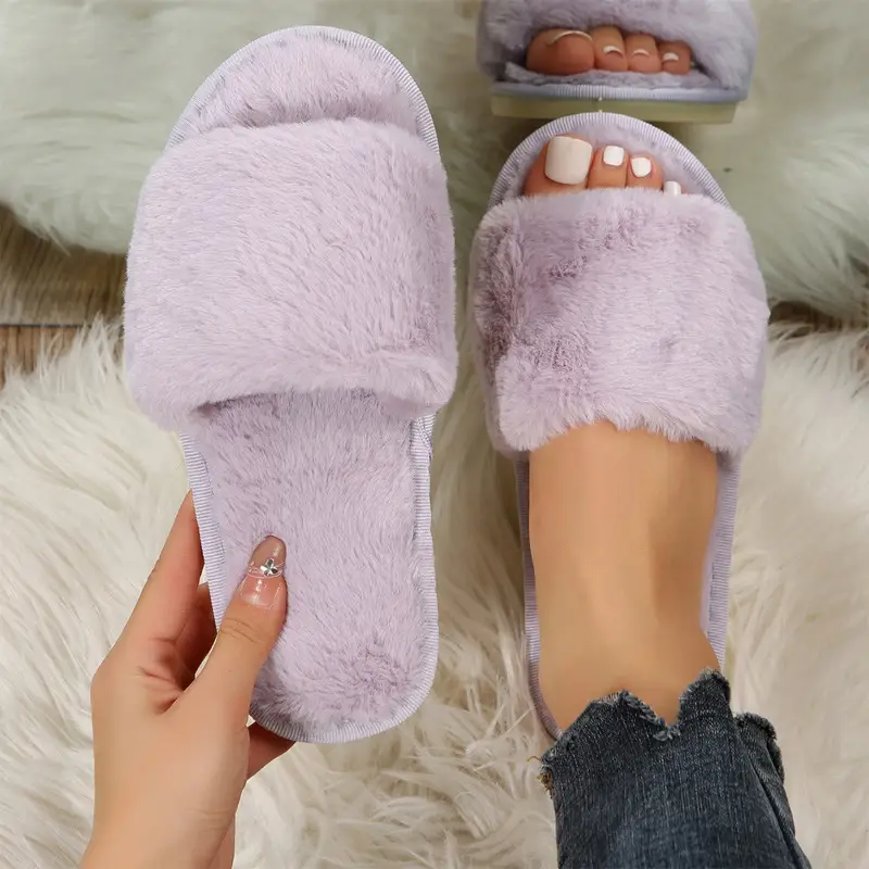 Foreign Trade Furry Slippers for Women Autumn and Winter New Indoor Lazy One-Word Plush Slippers Flats Cotton Slippers Home Wholesale — feature 33