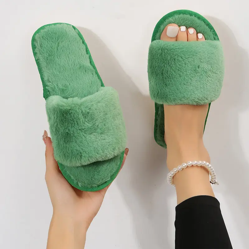 Foreign Trade Furry Slippers for Women Autumn and Winter New Indoor Lazy One-Word Plush Slippers Flats Cotton Slippers Home Wholesale — feature 35