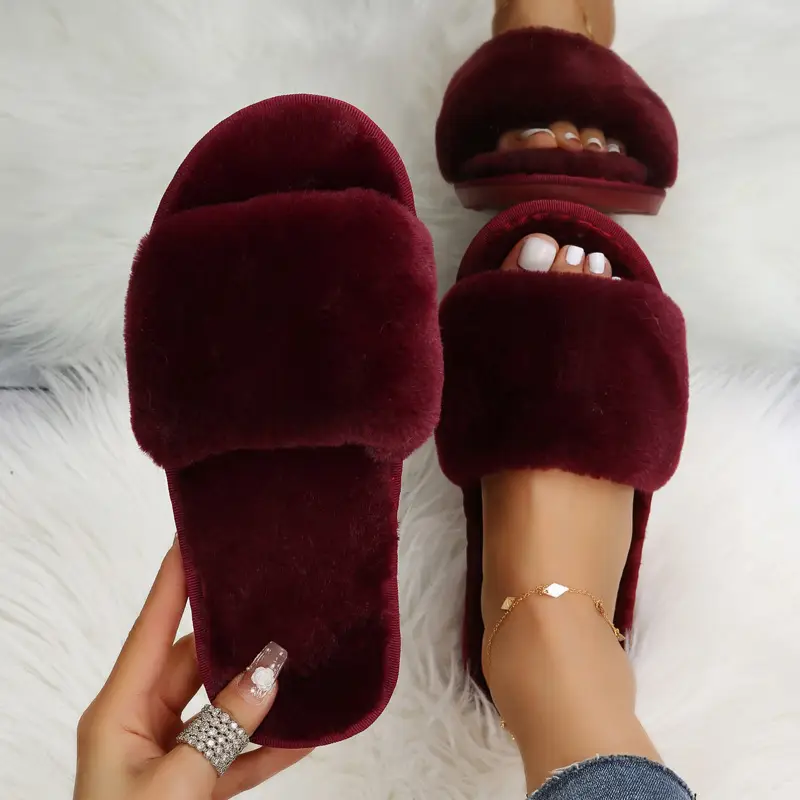 Foreign Trade Furry Slippers for Women Autumn and Winter New Indoor Lazy One-Word Plush Slippers Flats Cotton Slippers Home Wholesale — feature 4