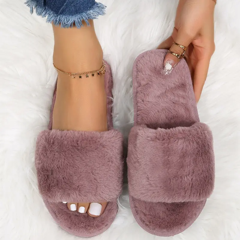 Foreign Trade Furry Slippers for Women Autumn and Winter New Indoor Lazy One-Word Plush Slippers Flats Cotton Slippers Home Wholesale — feature 44
